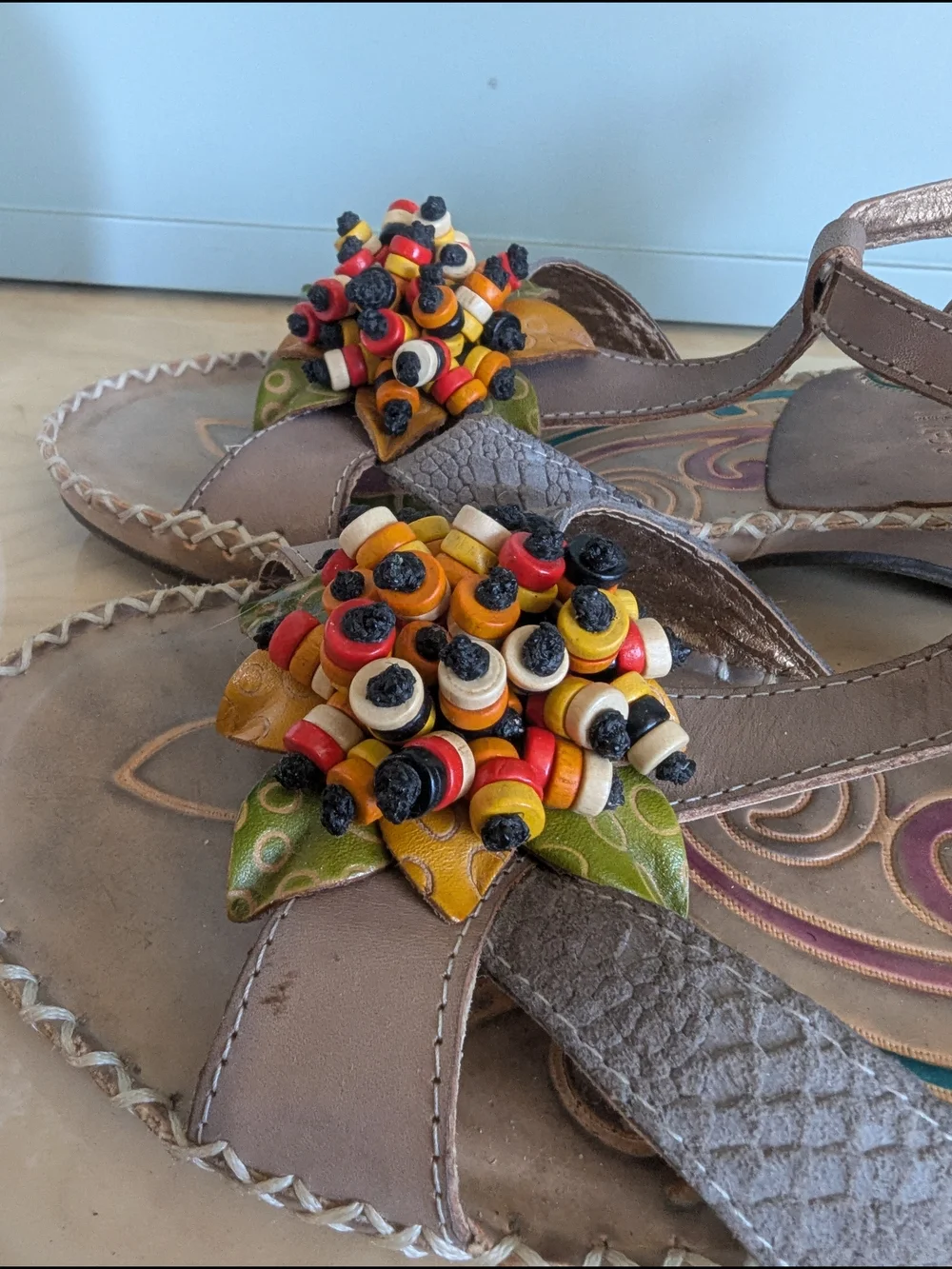 Taupe Floral Beaded Women’s Sandals with Ankle Strap